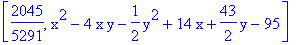 [2045/5291, x^2-4*x*y-1/2*y^2+14*x+43/2*y-95]